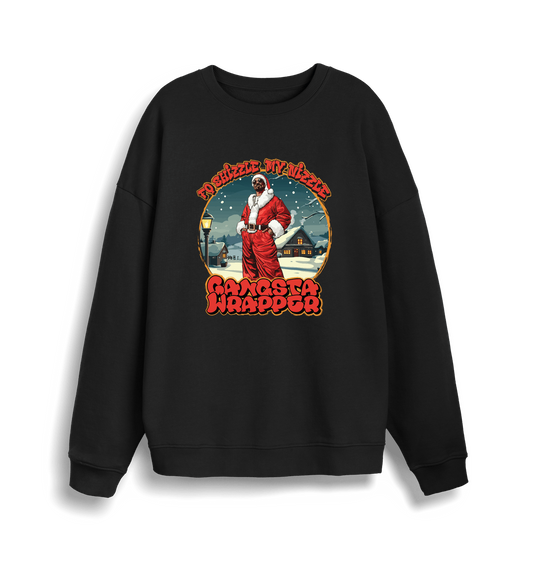 black christmas sweater with the graphic of snoop dogg in a santa outfit and the slogan 'fo shizzle my nizzle gangster wrapper'