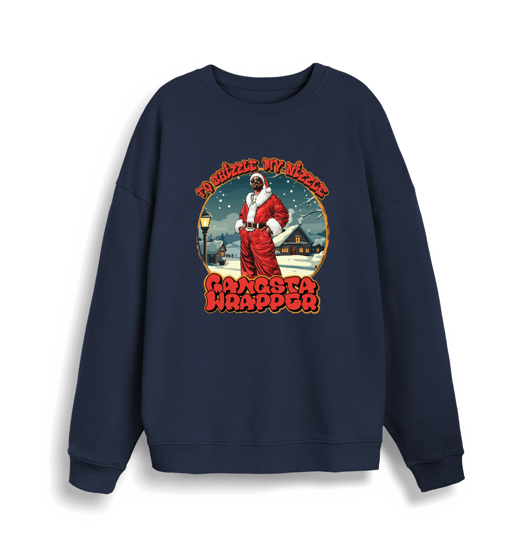 navy christmas sweater with the graphic of snoop dogg in a santa outfit and the slogan 'fo shizzle my nizzle gangster wrapper'