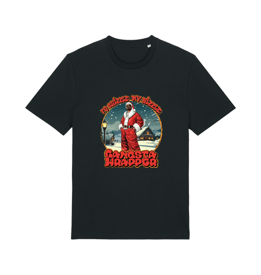 black xmas t-shirt with the graphic of snoop dogg dressed as santa claus and the logan 'fo shizzle my nizzle gangsta wrapper'