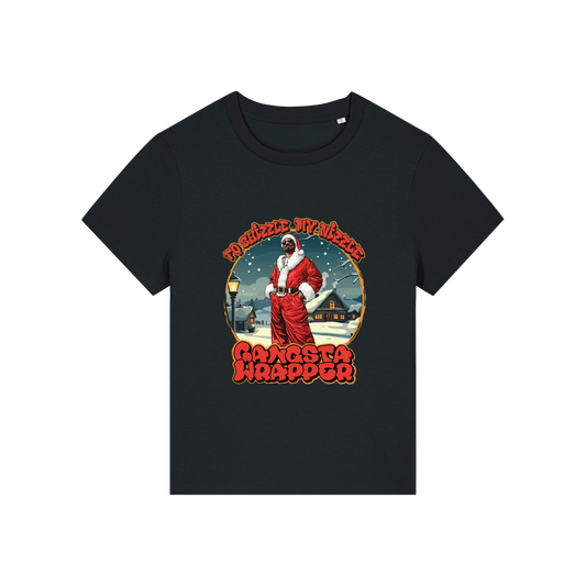 black christmas t-shirt with the graphic of snoop dogg dressed as santa and the slogan 'fo shizzle my nizzle gangster wrapper'
