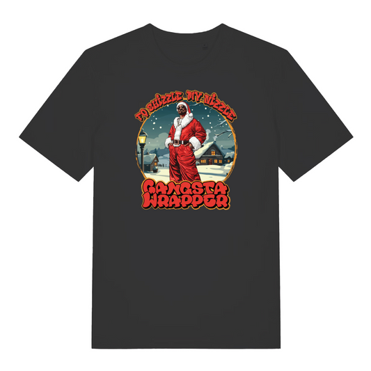 black women's christmas t-shirt with the graphic of snoop dogg dressed as santa and the slogan 'fo shizzle my nizzle gangsta wrapper'