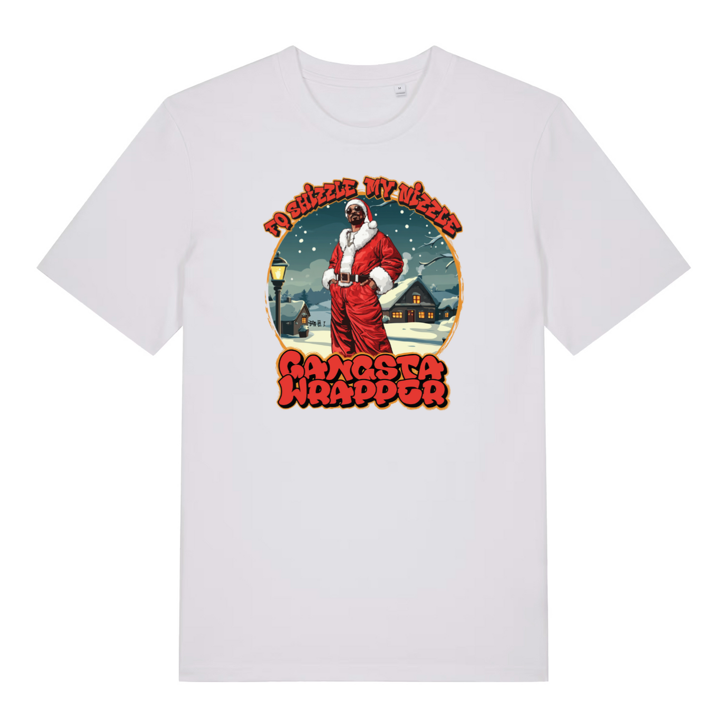 white women's christmas t-shirt with the graphic of snoop dogg dressed as santa and the slogan 'fo shizzle my nizzle gangsta wrapper'