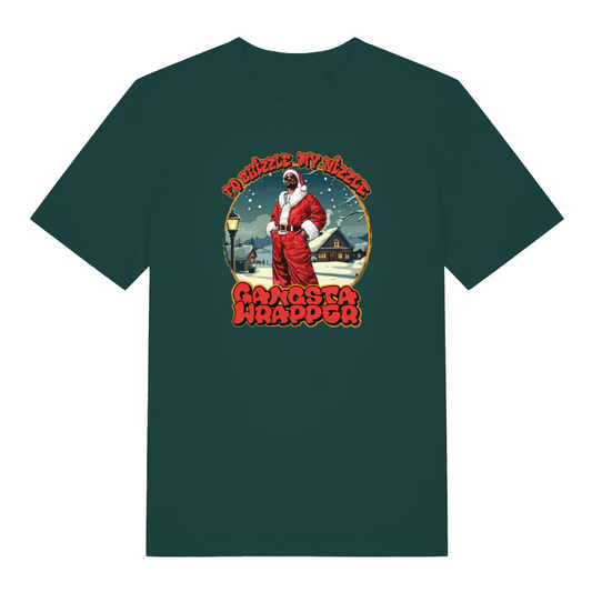green christmas t-shirt with the graphic of snoop dogg dressed as santa and the slogan 'fo shizzle my nizzle gangsta wrapper'