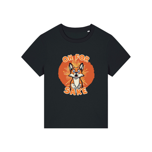 black funny animal t-shirt with the graphic of a fox and the slogan 'oh for fox sake'