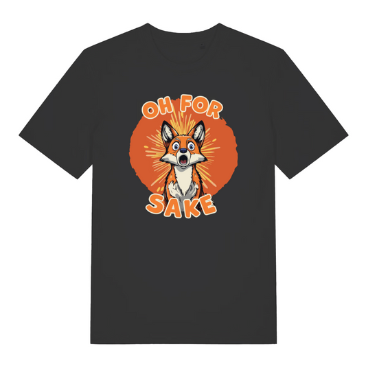 black women's funny animal t-shirt with the graphic of a fox and the slogan 'oh for fox sake'