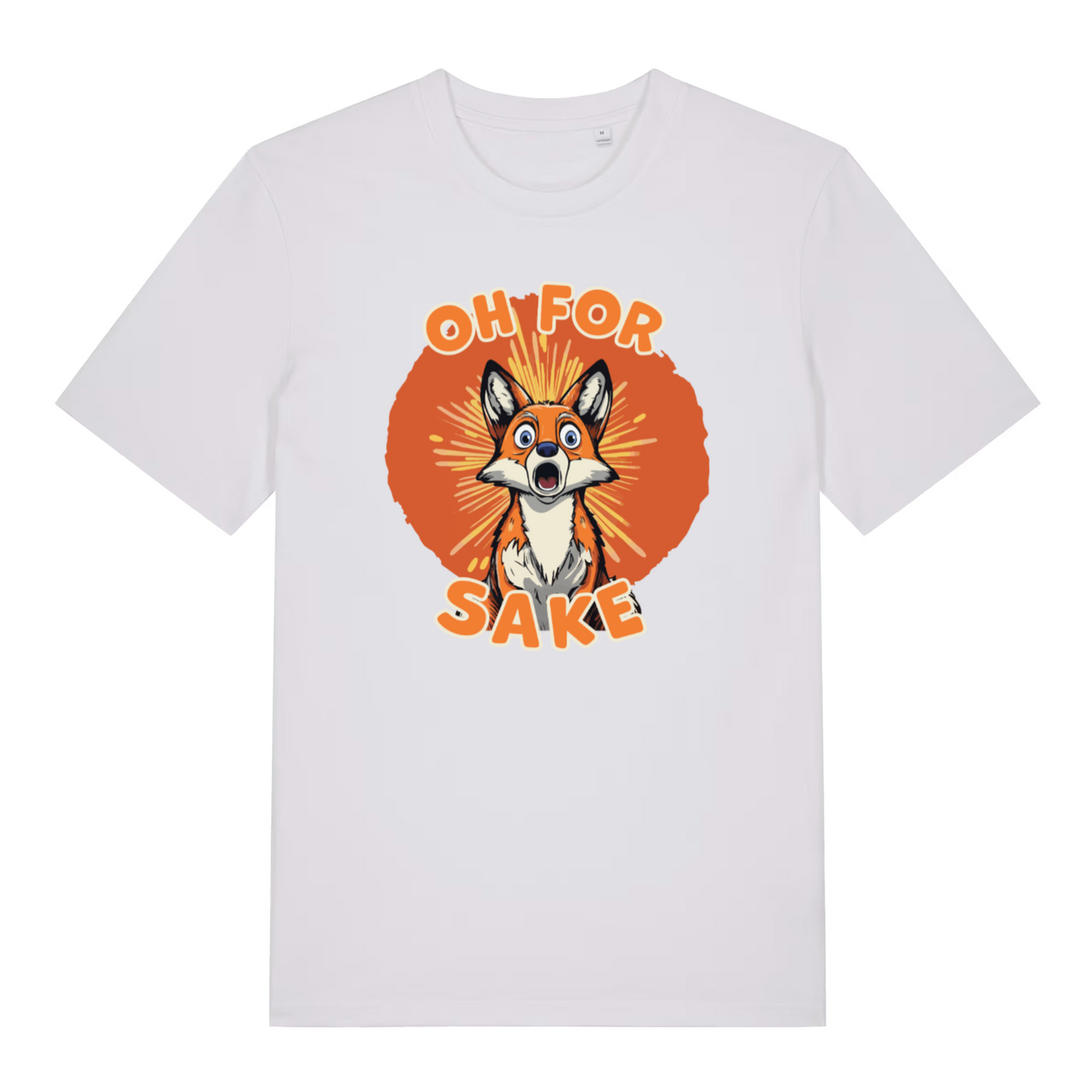white women's funny animal t-shirt with the graphic of a fox and the slogan 'oh for fox sake'