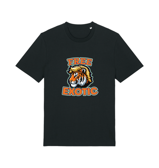 Black animal t-shirt with a tiger graphic and the slogan 'Free Exotic'