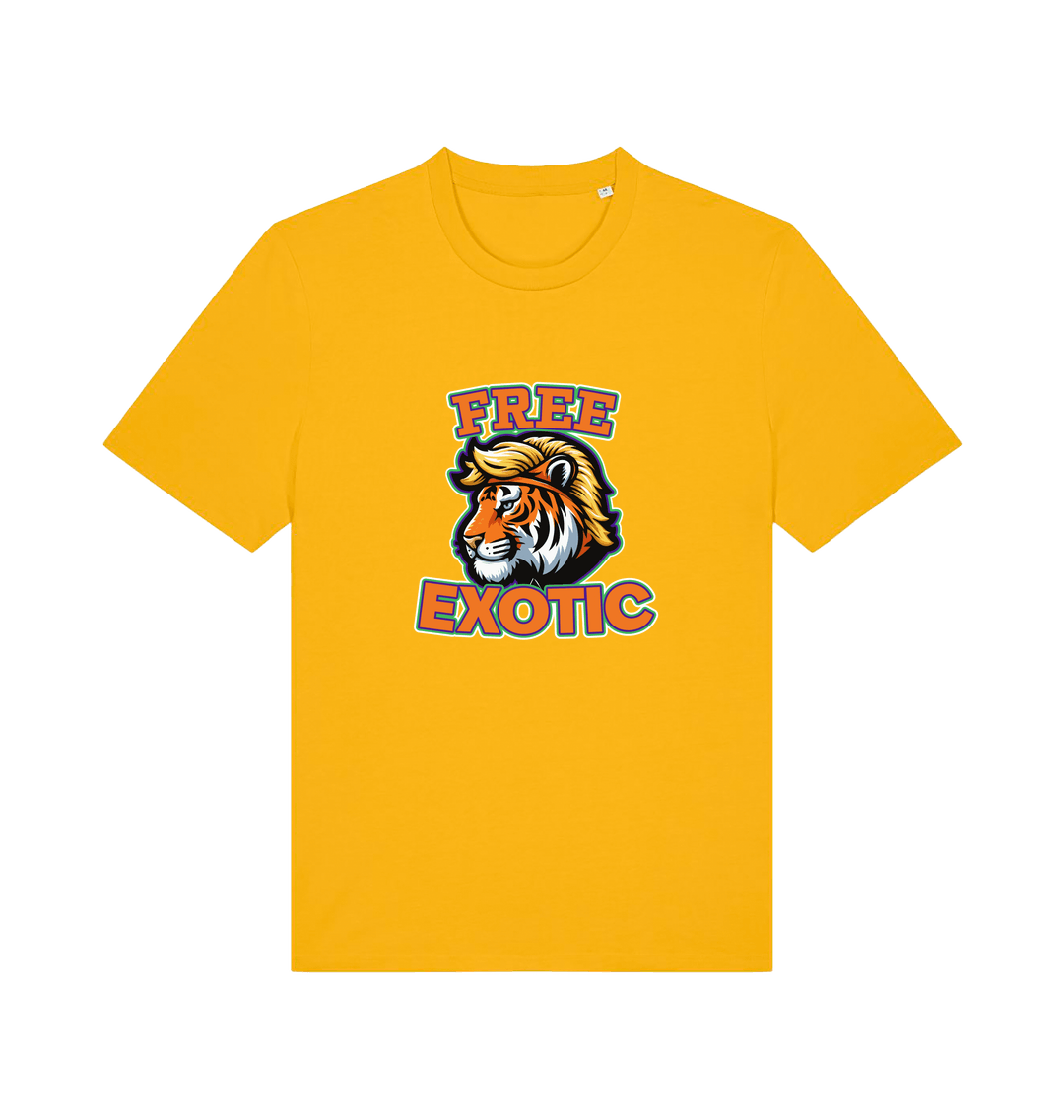 yellow animal t-shirt with a tiger graphic and the slogan 'Free Exotic'