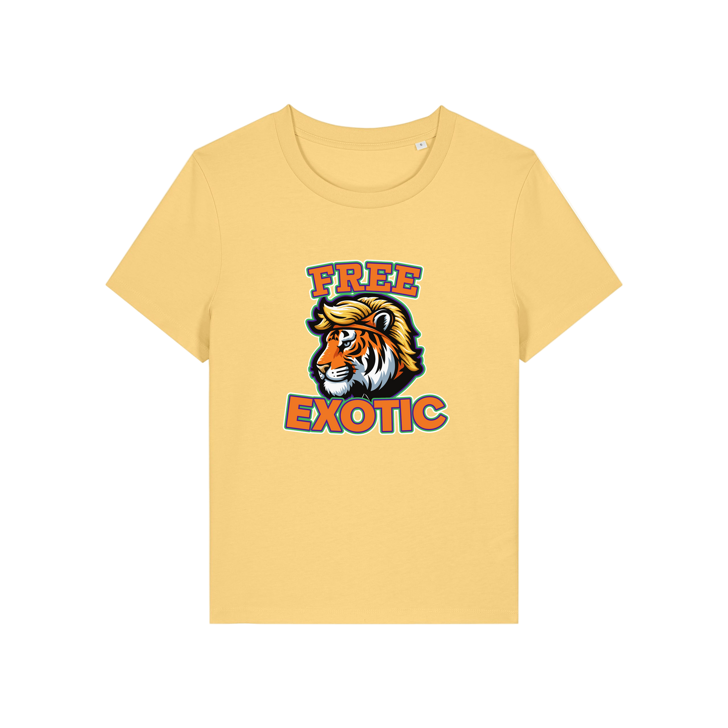 yellow animal t-shirt with a tiger graphic and 'Free Exotic' text