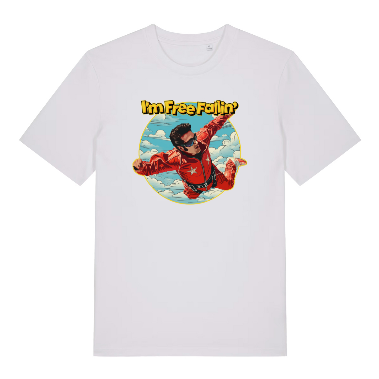 white women's music t-shirt with the graphic of a man skydiving and the slogan 'i'm free fallin'