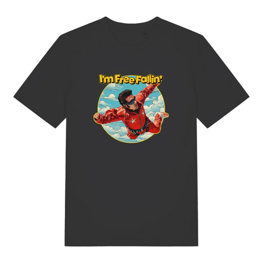 black music t-shirt with the graphic of a sky diver and the slogan 'i'm free fallin'