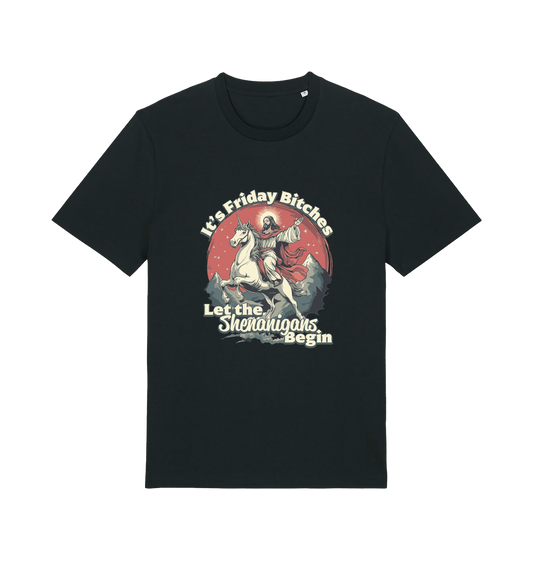black funny offensive t-shirt with the graphic of jesus riding a unicorn and the slogan 'it's friday bitches let the shenangans begin'