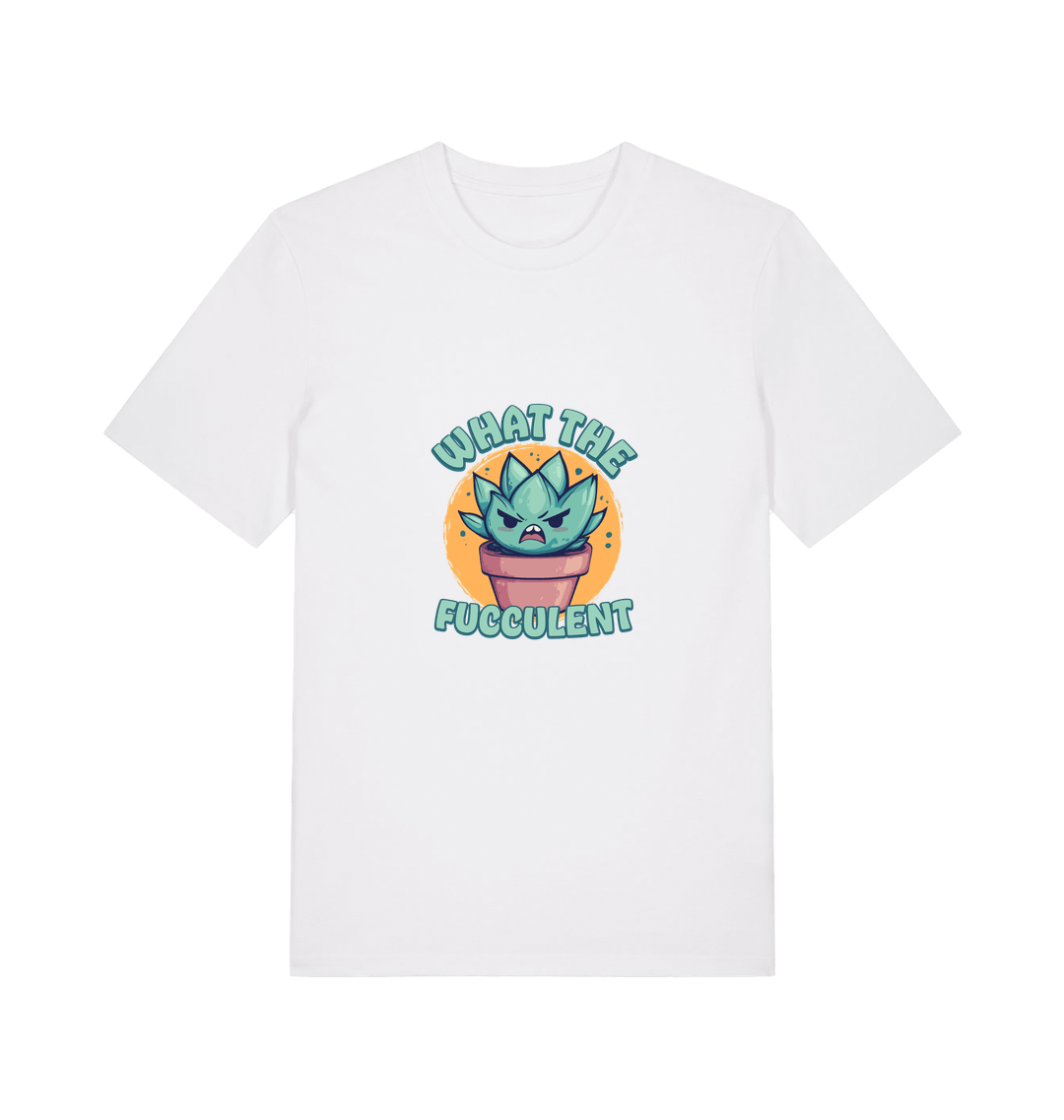 white kawaii t-shirt with the graphic of a potted plant and the slogan 'fucculent'