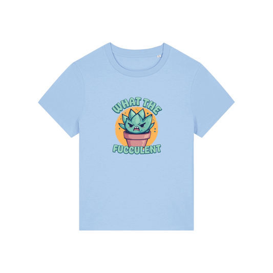 light blue funny offensive t-shirt with the graphic of a succulent and the slogan 'what the fucculent'