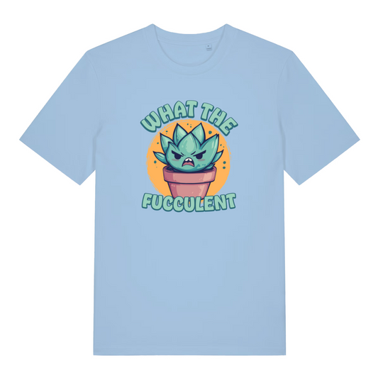 light blue women's funny offensive t-shirt with the graphic of a succulent plant and the slogan 'what the fucculent'