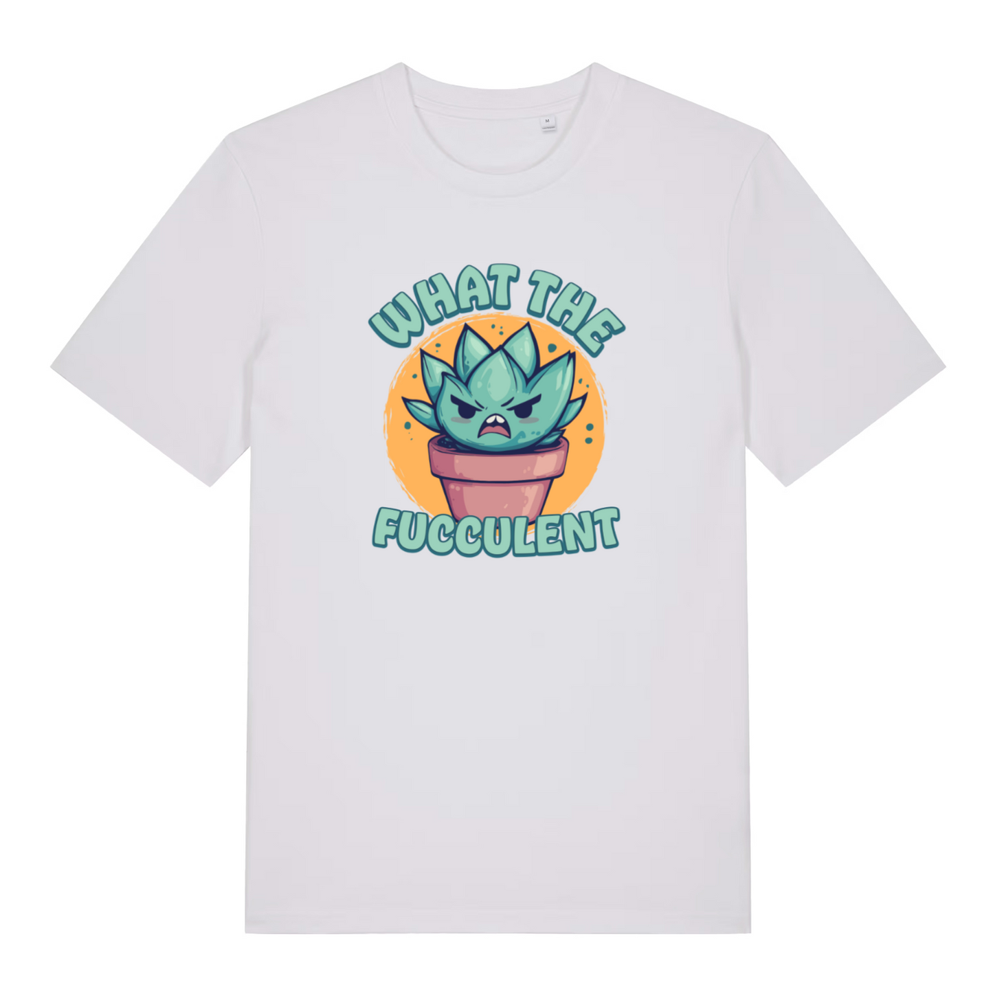 white women's funny offensive t-shirt with the graphic of a succulent plant and the slogan 'what the fucculent'