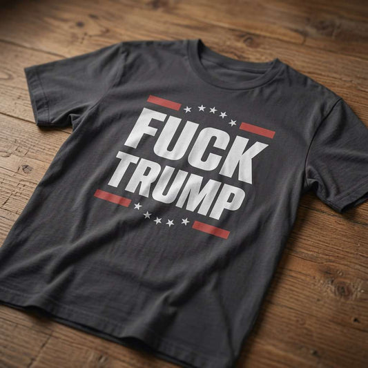Black Fuck Trump t-shirt on wood with stars and stripes design, funny mens satire political banter