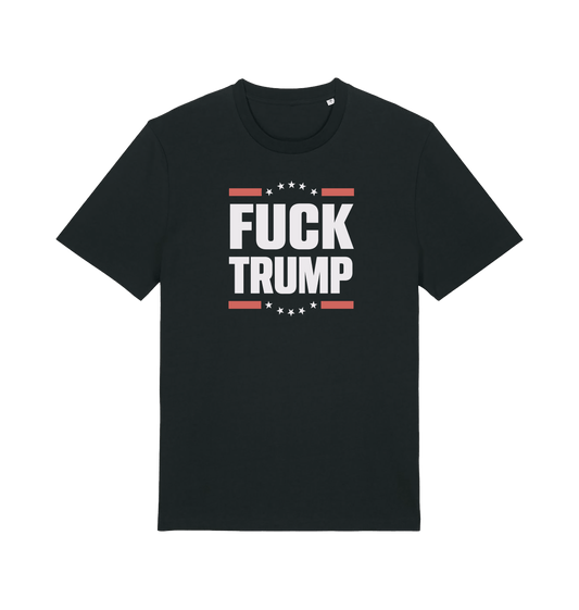 Black t-shirt with 'FUCK TRUMP' slogan