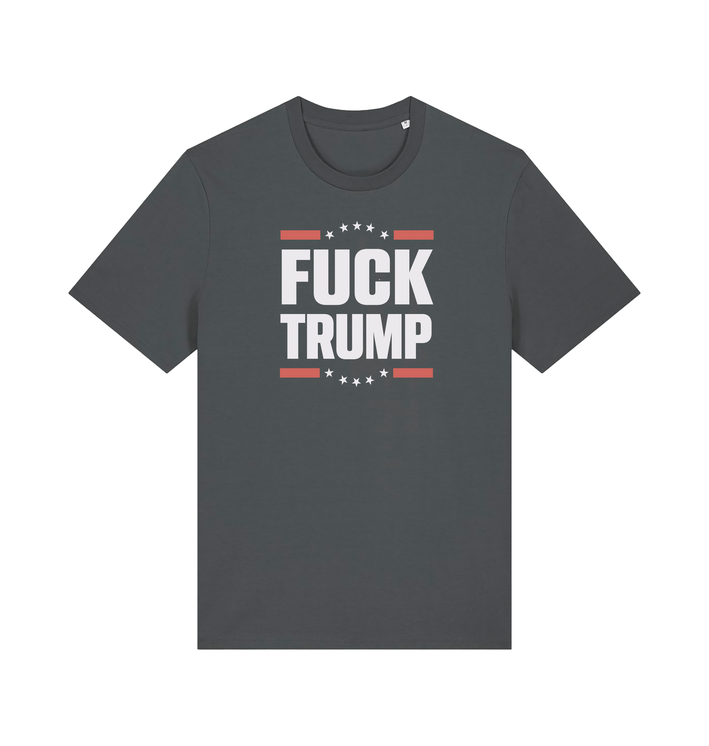 grey t-shirt with 'FUCK TRUMP' slogan