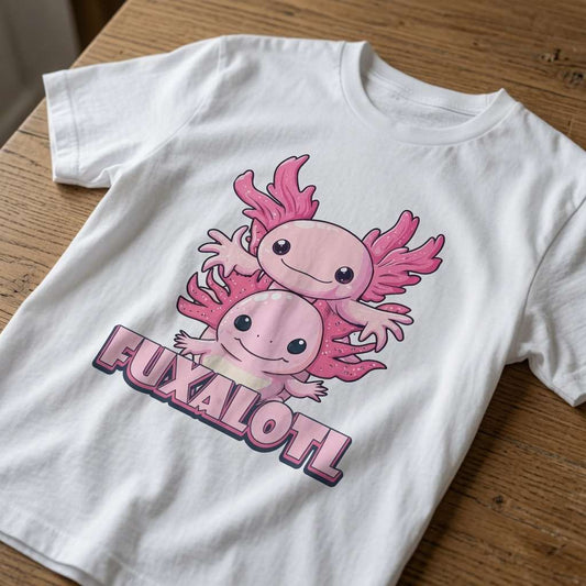 White Fuxalotl t-shirt on wood with two pink axolotls, funny cheeky axolotl pun
