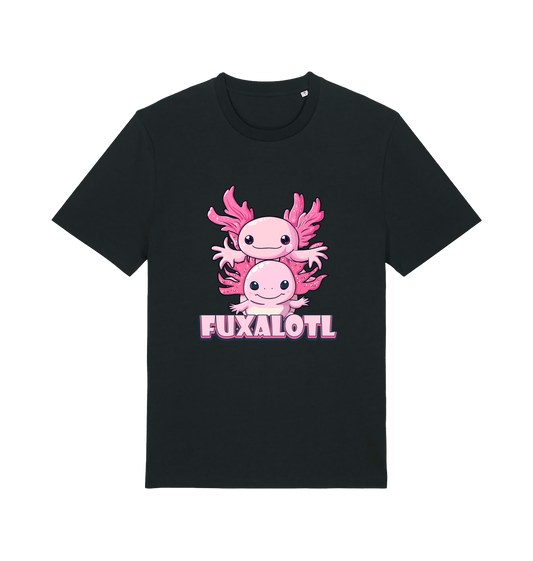 Black kawaii t-shirt with pink axolotl graphic and the slogan 'Fuxaloti'