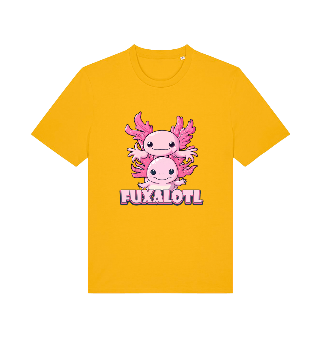 yellow kawaii t-shirt with pink axolotl graphic and the slogan 'Fuxaloti'
