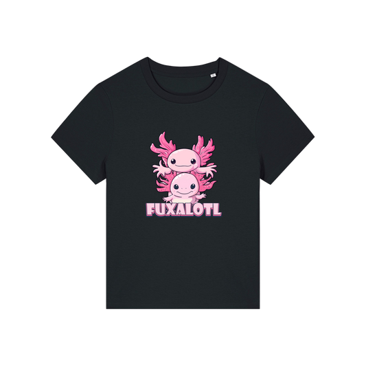 Black kawaii t-shirt with pink axolotl design and 'Fuxalotl' text