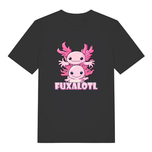 black women's kawaii t-shirt with the graphic of two axolotl's and the slogan 'fuxalotl'
