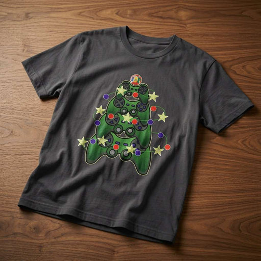 A dark gray crewneck t-shirt laid flat on a wooden surface, featuring a graphic of a Christmas tree made from a video game controller with colorful lights and stars.