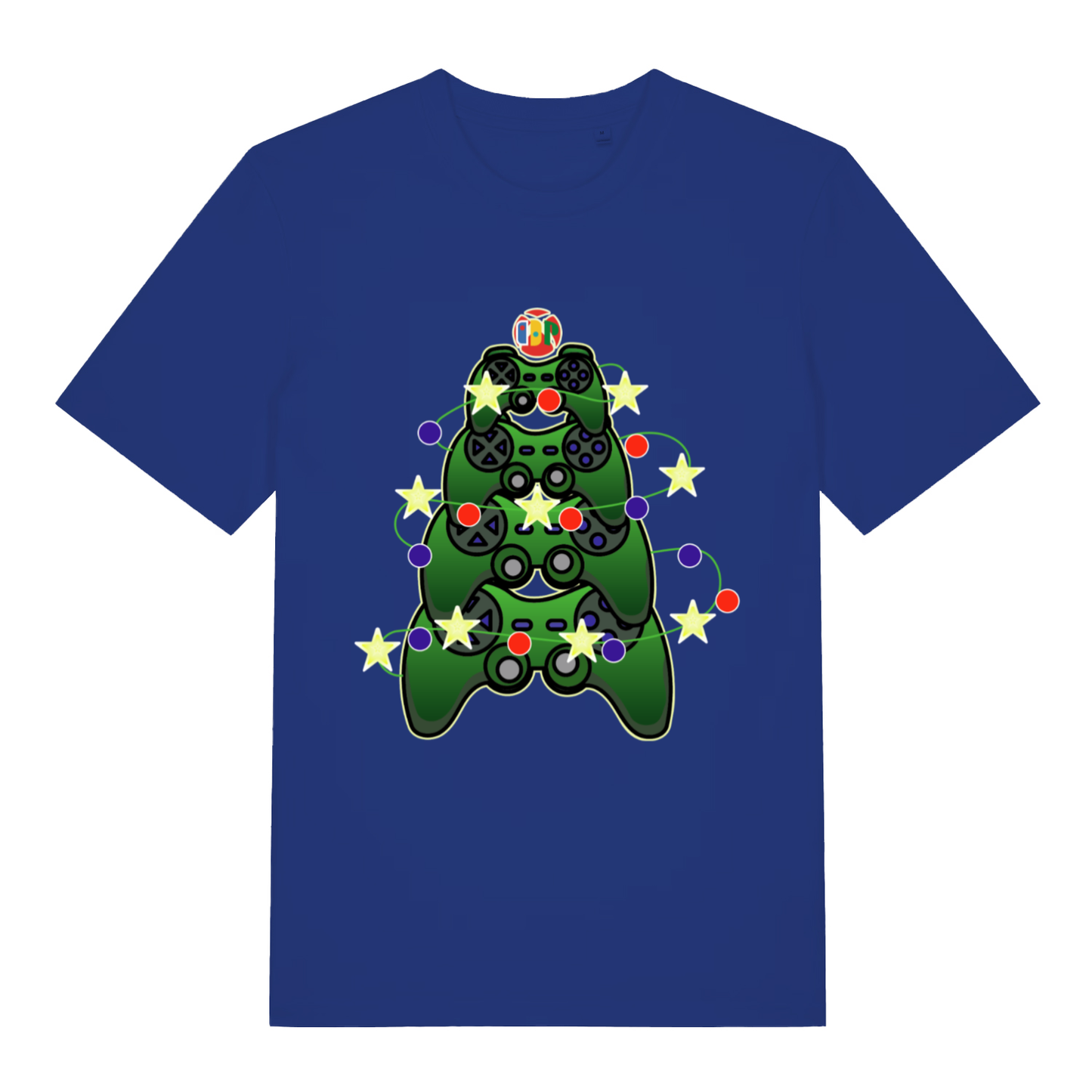 Worker Blue Gamers Christmas T-shirt flat lay with gaming console controller tree illustration