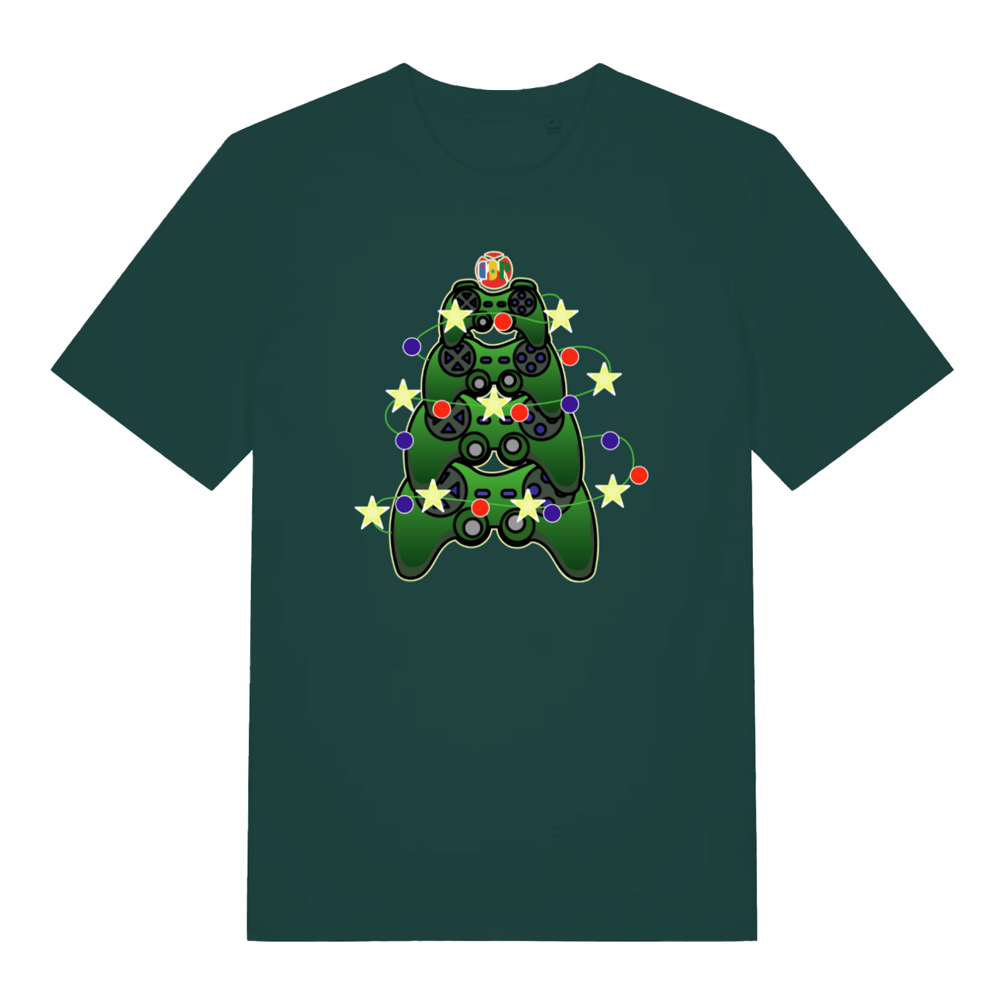 green xmas t-shirt with the graphic of game controllers stacked like a christmas tree with lights wrapped around them
