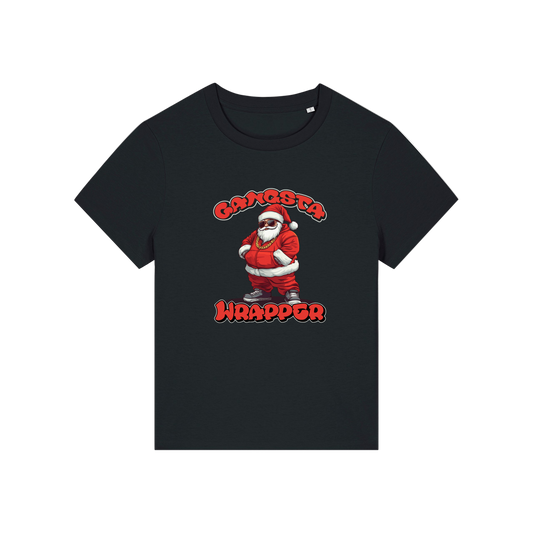 black christmas t-shirt with the graphic of santa and the slogan 'gangsta wrapper'