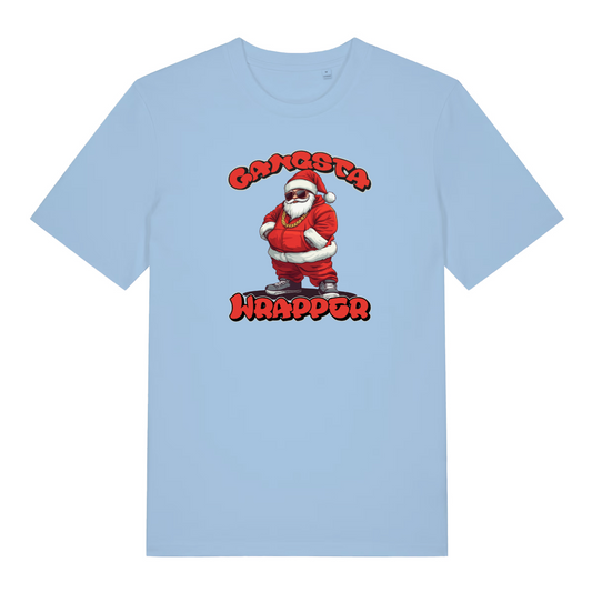 light blue women's christmas t-shirt with the graphic of santa dressed as a gangster and the slogan 'gangsta wrapper'