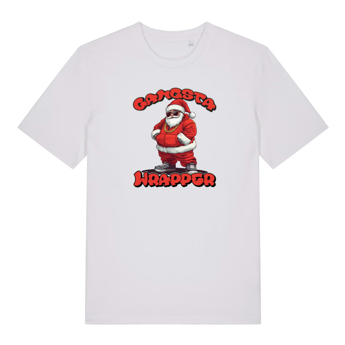 white women's christmas t-shirt with the graphic of santa dressed as a gangster and the slogan 'gangsta wrapper'