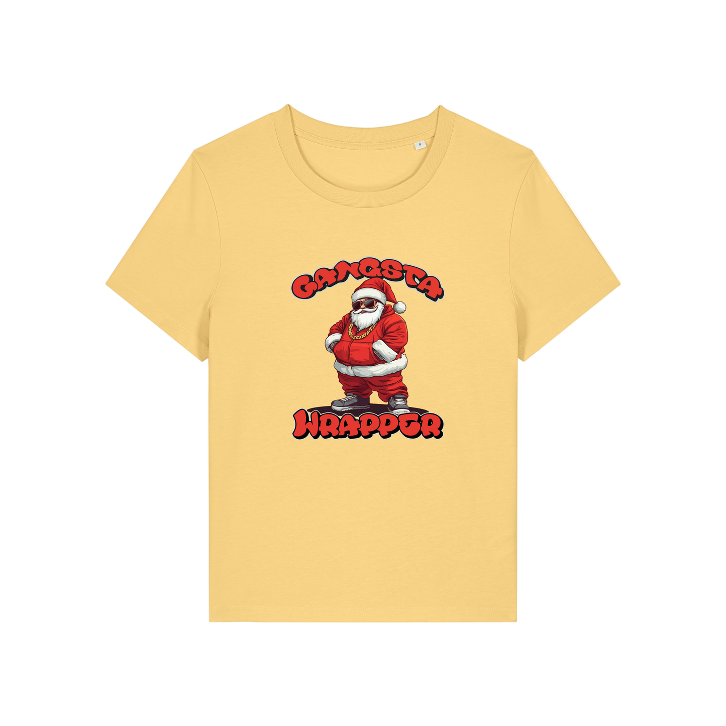 yellow christmas t-shirt with the graphic of santa and the slogan 'gangsta wrapper'
