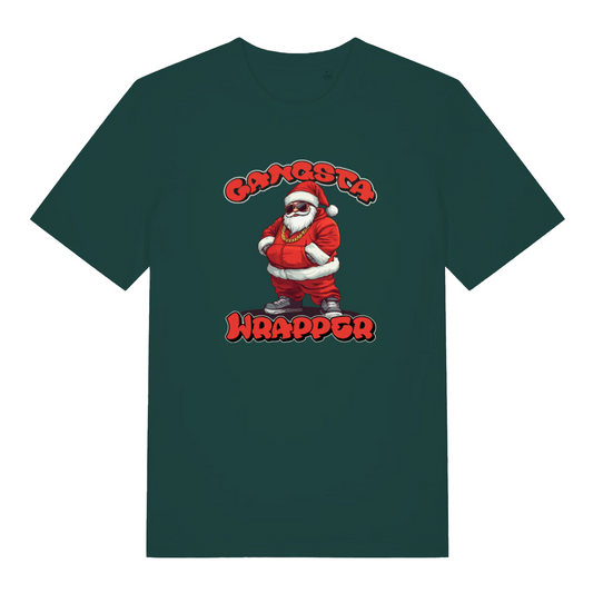 green christmas t-shirt with the graphic of santa wearing a gold chain and the slogan 'gangsta wrapper'
