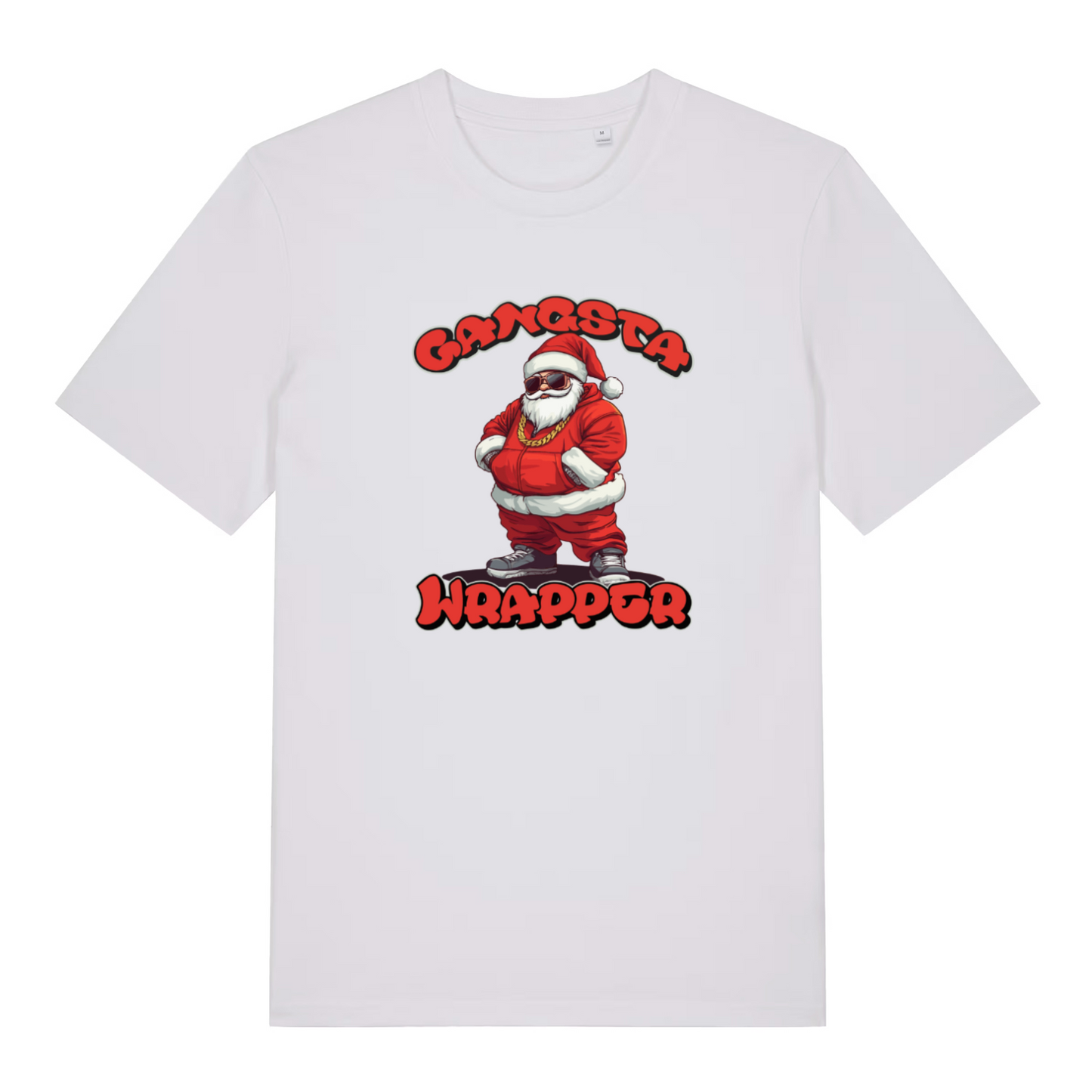 white christmas t-shirt with the graphic of santa wearing a gold chain and the slogan 'gangsta wrapper'