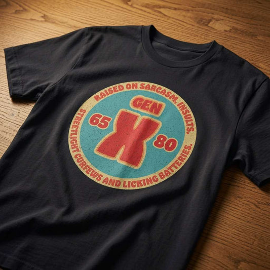 Black Gen X t-shirt on wood with circular raised on sarcasm design, mens age related gen x fun