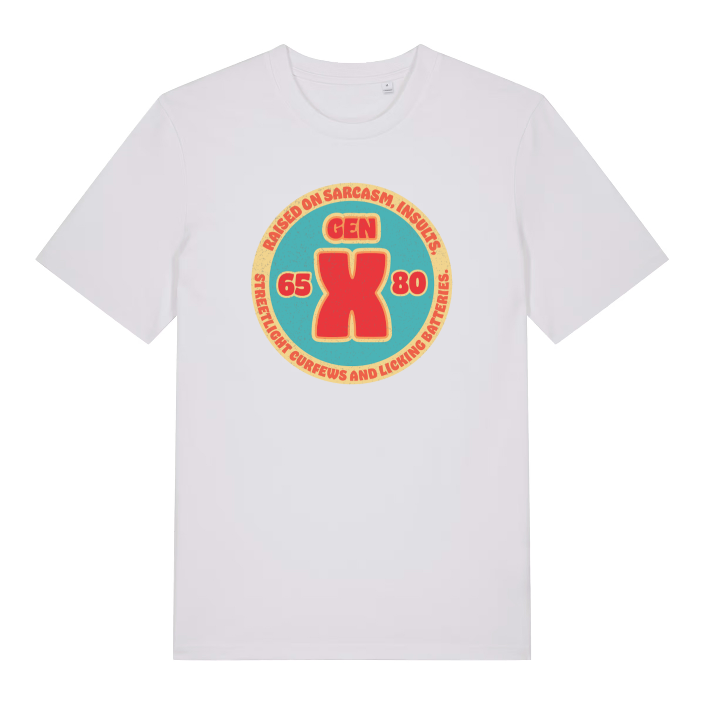White Gen X T-shirt flat lay with classic Gen X raised on sarcasm illustration