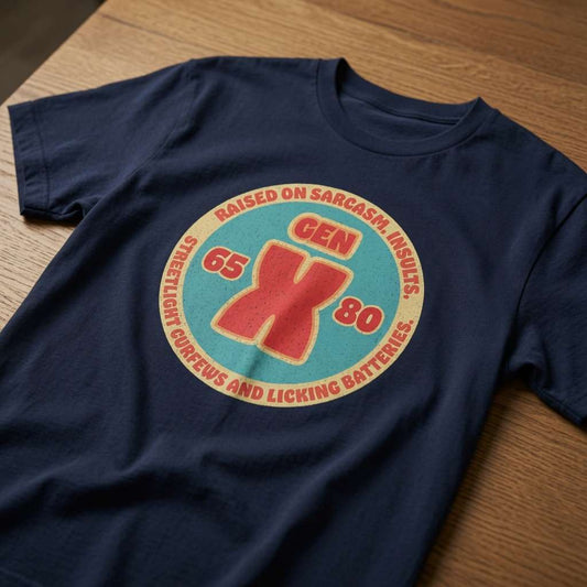 Navy Gen X t-shirt on wood featuring raised on sarcasm badge, ladies gen x mothers day gift