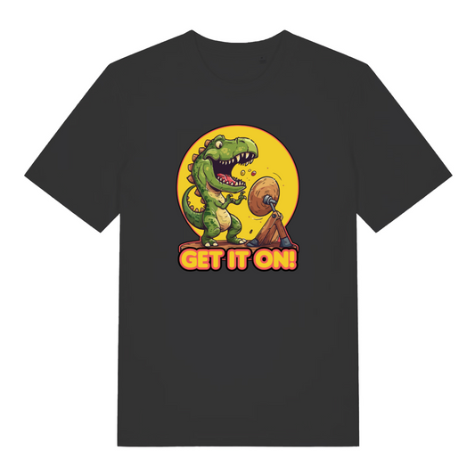 black music t-shirt with the graphic of a dinosaur banging a gong and the slogan 'get it on'