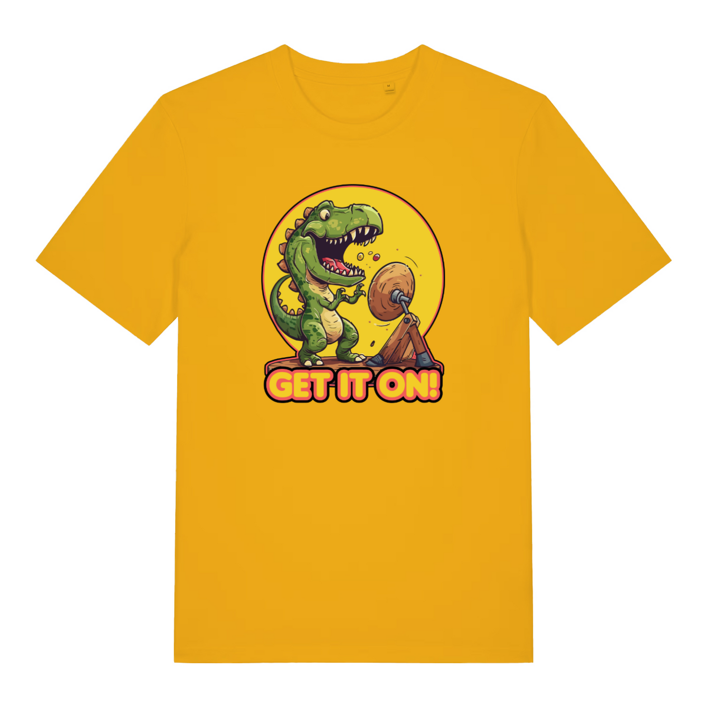 yellow music t-shirt with the graphic of a dinosaur banging a gong and the slogan 'get it on'