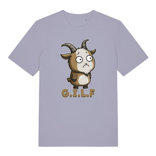 lavender women's funny animal t-shirt with the graphic of a cartoon goat and the text 'G.I.L.F'