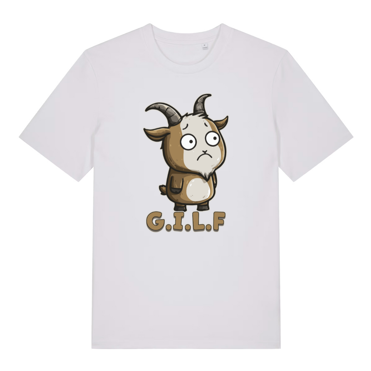 white women's funny animal t-shirt with the graphic of a cartoon goat and the text 'G.I.L.F'