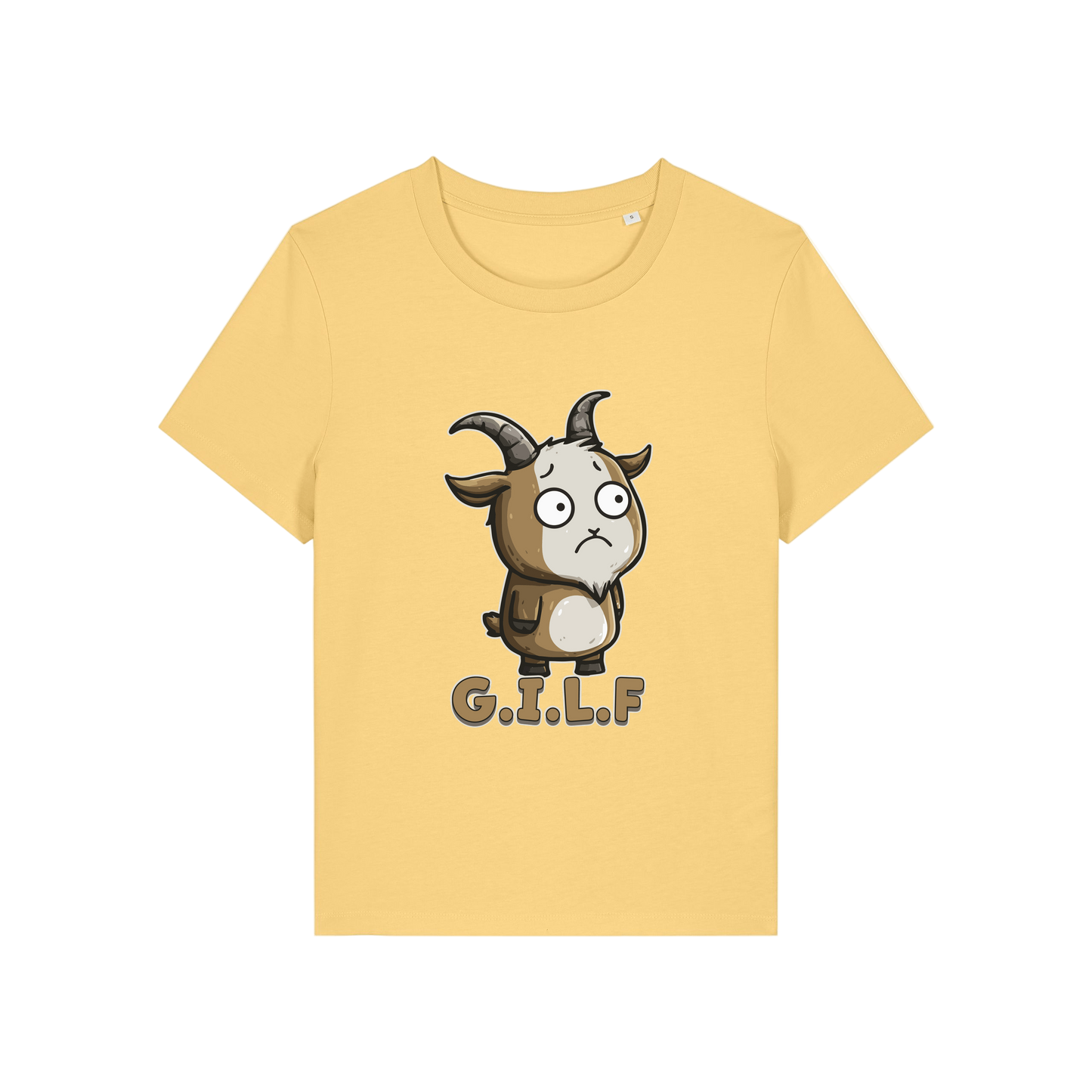 yellow funny animal t-shirt with the graphic of a goat and the slogan 'GILF'