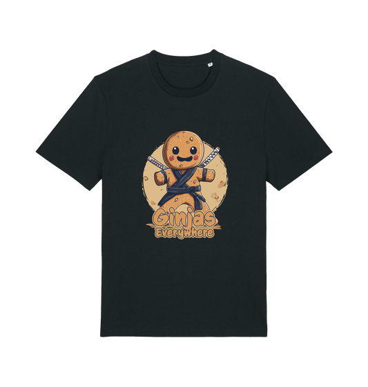 black funny tee with the graphic of a gingerbread man dressed as a ninja and the slogan 'ginjas everywhere'