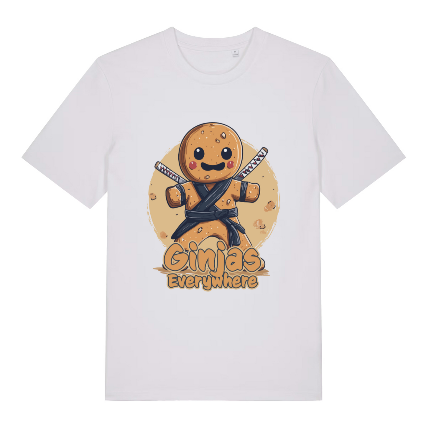 White Ginjas Everywhere T-shirt flat lay with gingerbread ninja "Ginjas Everywhere" Christmas graphic