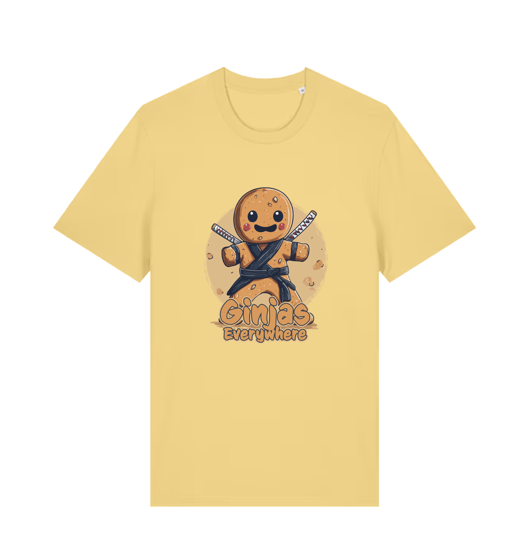 yellow funny tee with the graphic of a gingerbread man dressed as a ninja and the slogan 'ginjas everywhere'