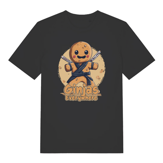 black women's funny graphic t-shirt with the graphic of a gingerbread man and the slogan 'ginjas everywhere'