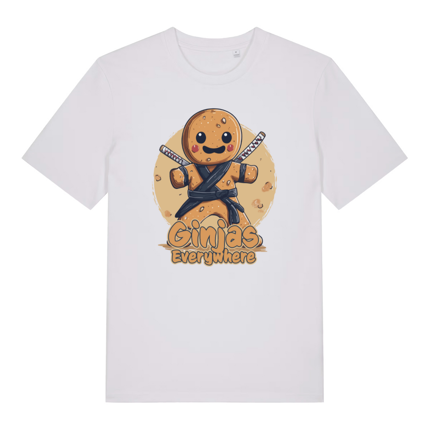 white women's funny graphic t-shirt with the graphic of a gingerbread man and the slogan 'ginjas everywhere'